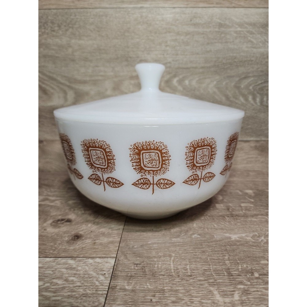 Vintage Federal Milk Glass Bowl Lid Brown Sunflowers Casserole Dish Bowl 2.5